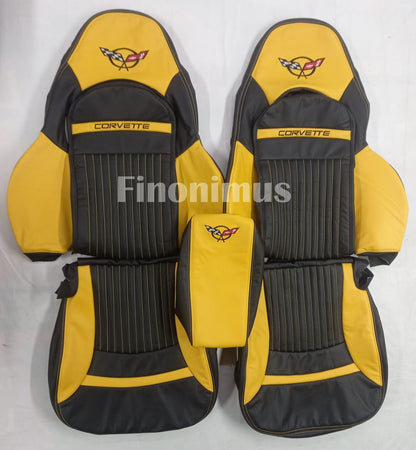 C5 Corvette Sports seat cover Genuine Leather ; Millennium Yellow / Black (Year 1997 to 2004) - Custom Order with Centre Console.